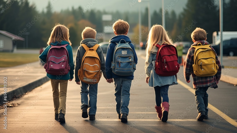 Group of students walking in the road - school friends: students with backpacks walking together after class - education and school concept, Generative AI