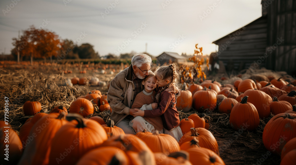 children grandfather hugging pumpkin thanksgiving farm love