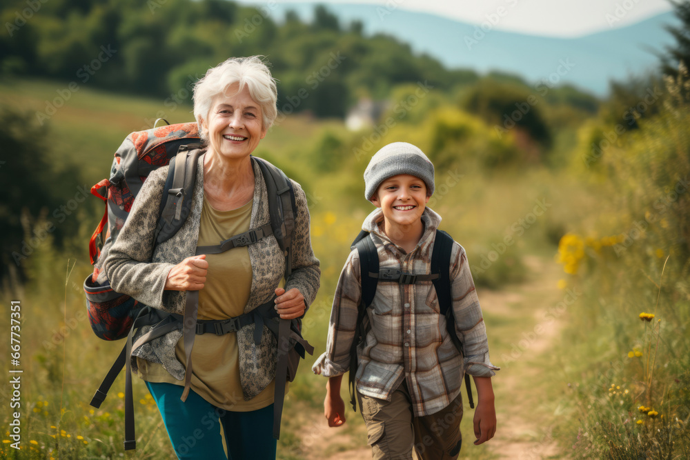 Happy family with a child enjoying a hike in a forest on sunny autumn day. Active family leisure with children. Hiking and trekking on a nature trail.