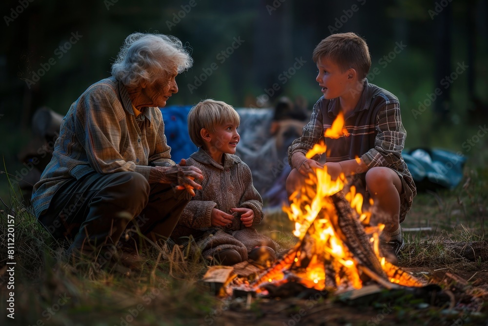 People gathered around a fire with a grandmother telling stories to her grandchildren, A grandmother telling stories to her grandchildren by a bonfire