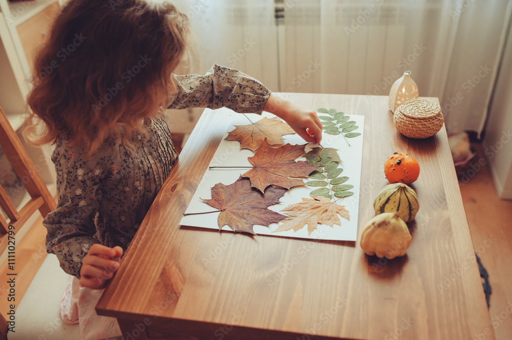 preparations for autumn craft with kids. Herbarium from dried leaves. Learning children at home, fall nature collage.