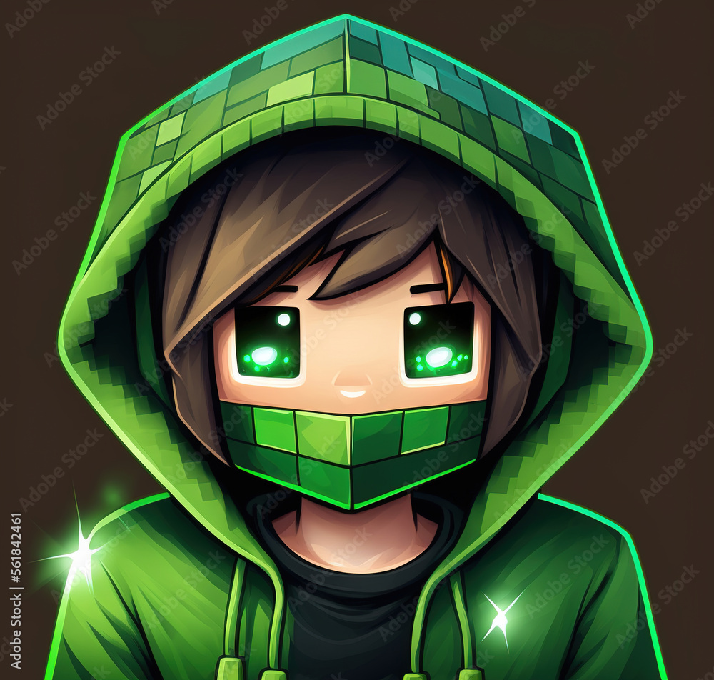 Boy character with green eyes and a green hoodie from minecraft, ai art