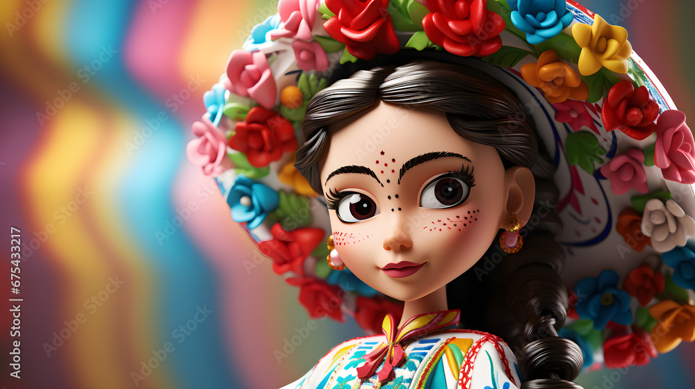 caricatura y rostro  de muñequita mexicana tipo frida con sombrero y flores brillantes