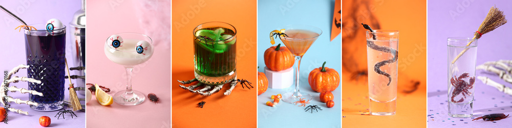 Collage with many creepy Halloween cocktails