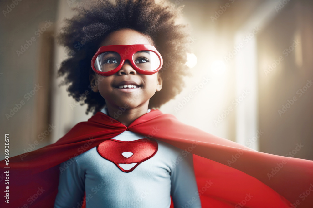 Cute little confident black kid at home in superhero costume.