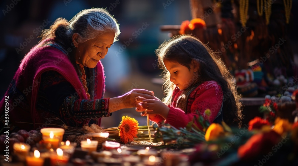 Girl with grandmother make ofrendas with marigold flowers