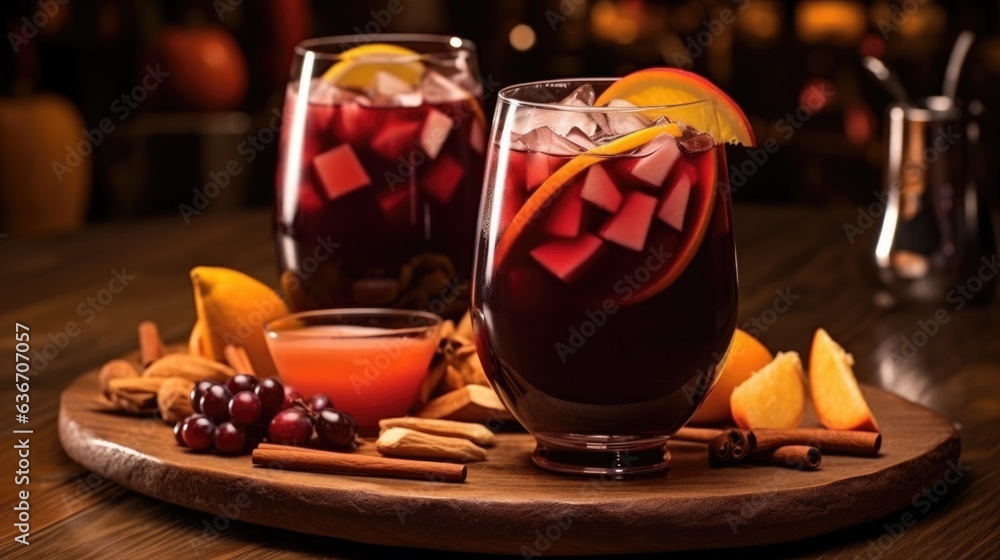 Red Halloween wine sangria cocktail in glasses close-up. Bloody spooky scary party cocktails alcoholic drinks festive concept. AI photography. .