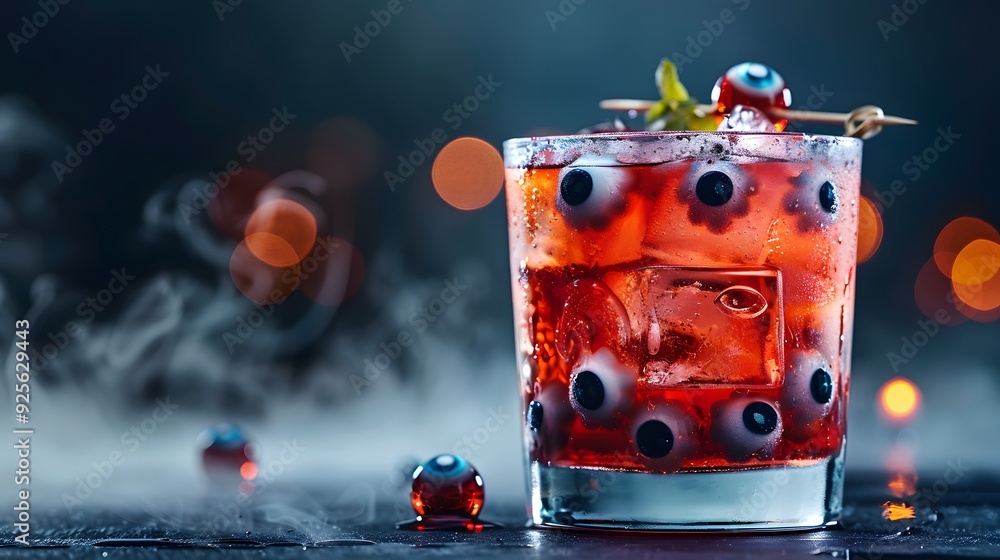 Spooky Eyeball Punch with Ice Cubes - Halloween Refreshment with Eerie Vibe, Close-up Glass with Misty Effect