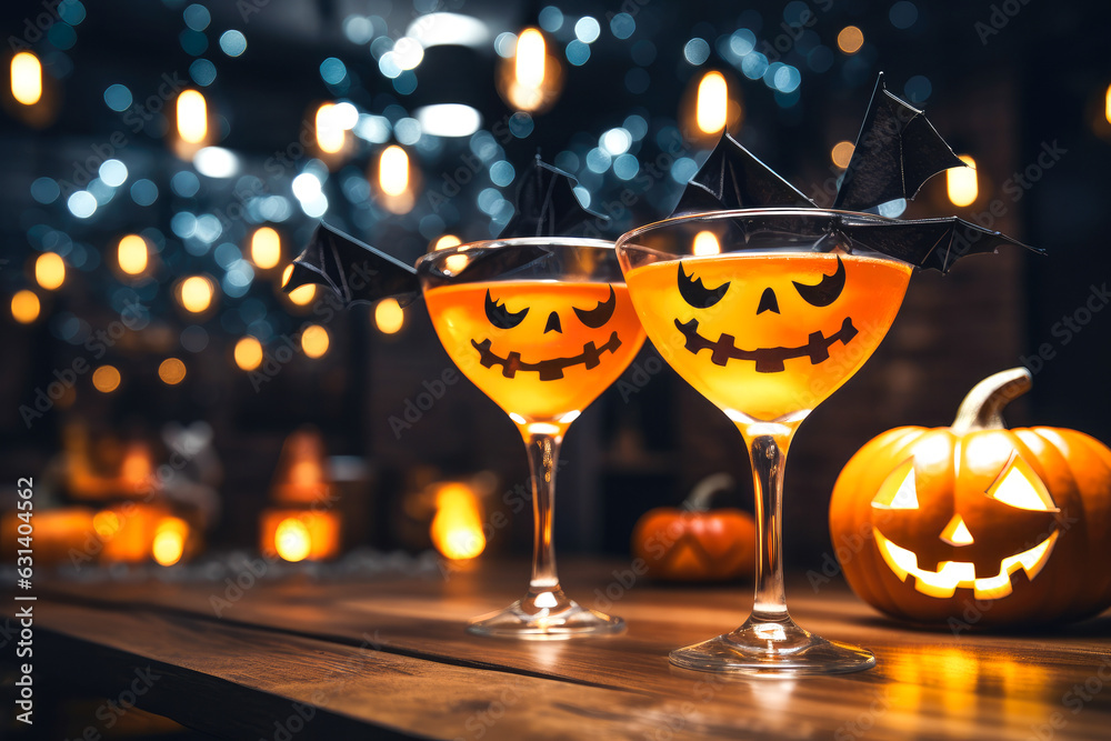 Two pumpkin martini on the bar counter with pumpkin lantern for halloween party. Festive cocktails.