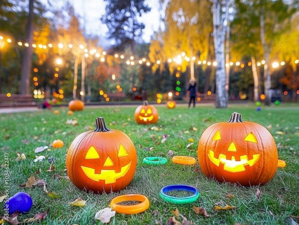 A fun Halloween pumpkin ring toss with kids and parents aiming for glowing jack-o-lantern targets