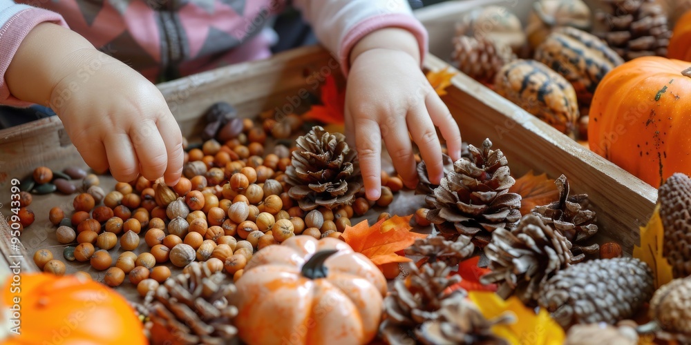 Autumn Harvest Sensory Bin Child Engaged in Educational Play with Pumpkins Cones and Dried Beans Montessori inspired Activity Encouraging Learning Through Play Creative Sensory Exploration