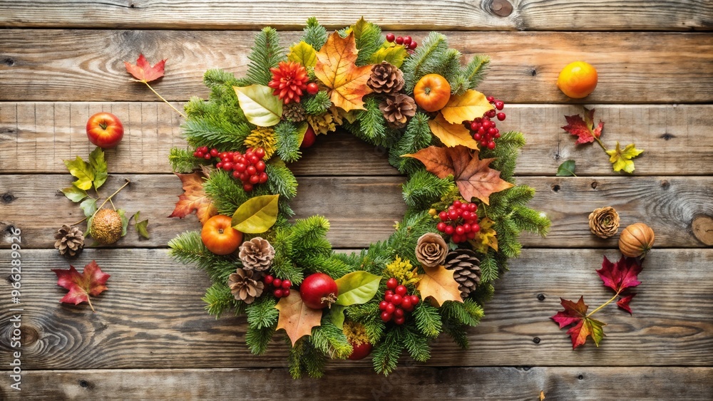 Colorful autumn wreath with leaves, pine cones, and decorative fruits on wooden table