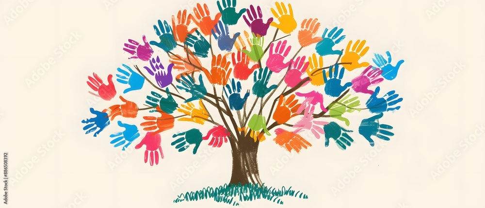 Colorful handprint tree symbolizing unity and diversity.