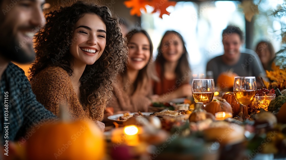 Friends and family gathered around a table, playing a Thanksgiving trivia game, colorful fall-themed decor, everyone laughing as they compete to answer questions,