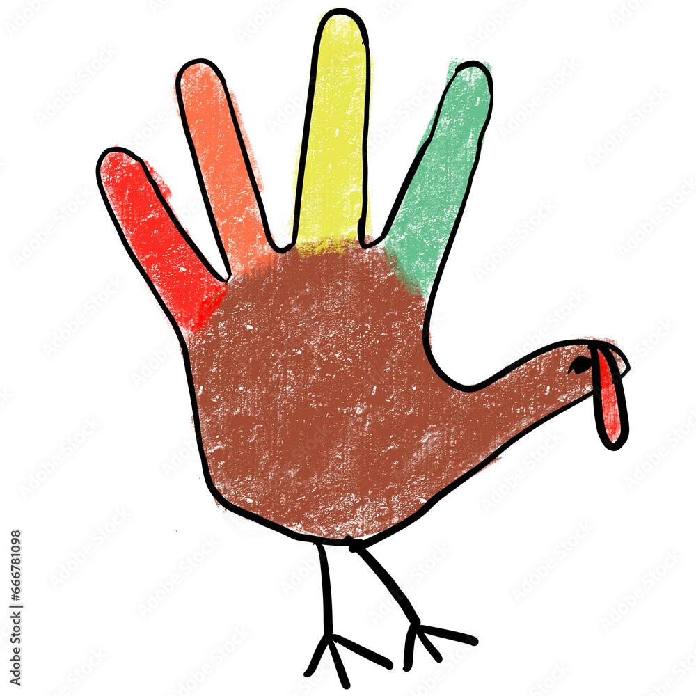 Isolated child like hand drawn handprint festive turkey