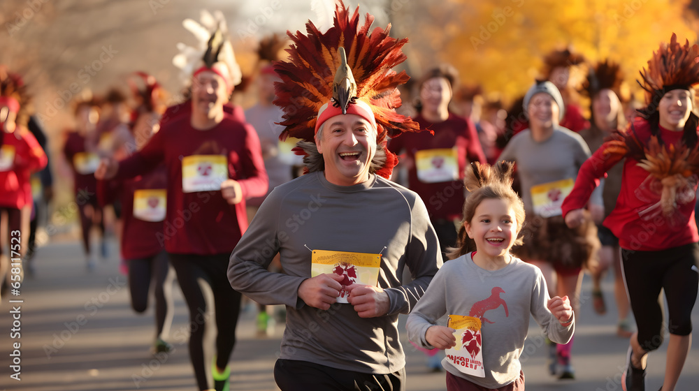 Runners of all ages participate in a Turkey Trot race, decked out in festive attire, promoting health and community on Thanksgiving. It's a display of awesome holiday fitness.