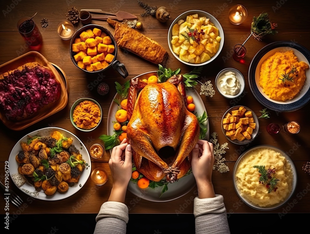 Top view flat-lay on thanksgiving celebration family dinner with hands putting baked turkey, with candles, salads, cakes and bread on the side. Generative AI