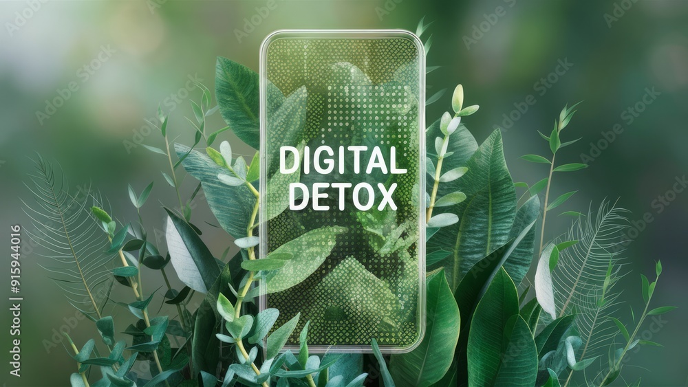 A conceptual image of a transparent panel in the shape of a smartphone with the text Digital Detox surrounded by luscious green leaves, emphasizing the idea of a break from technology.