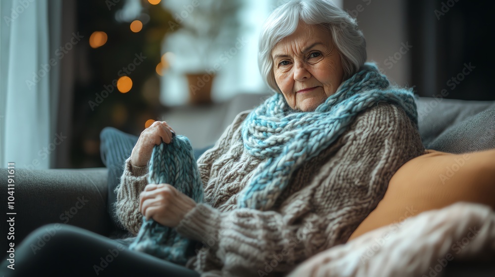 An elderly woman wearing a brown sweater and blue scarf looks at the camera while sitting on a couch.