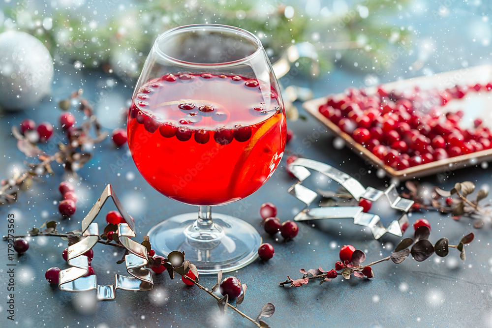 Christmas still life with cranberriy punch. Christmas and new year concept