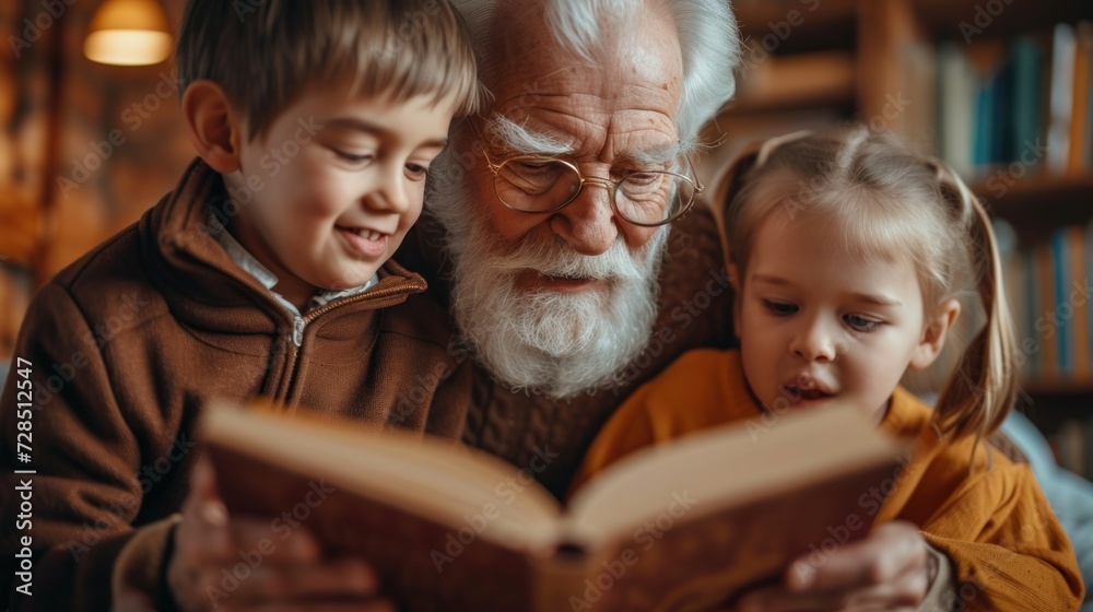 Close-up of a grandparent reading a book to a circle of grandchildren, cozy and warm family moment