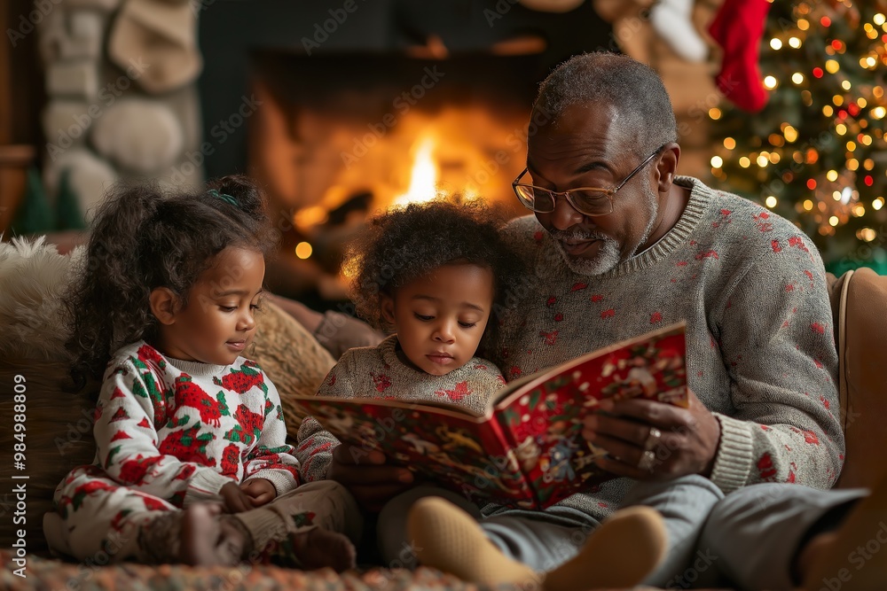 Grandfather reading a Christmas story to his grandchildren by a cozy fireplace decorated for the holidays