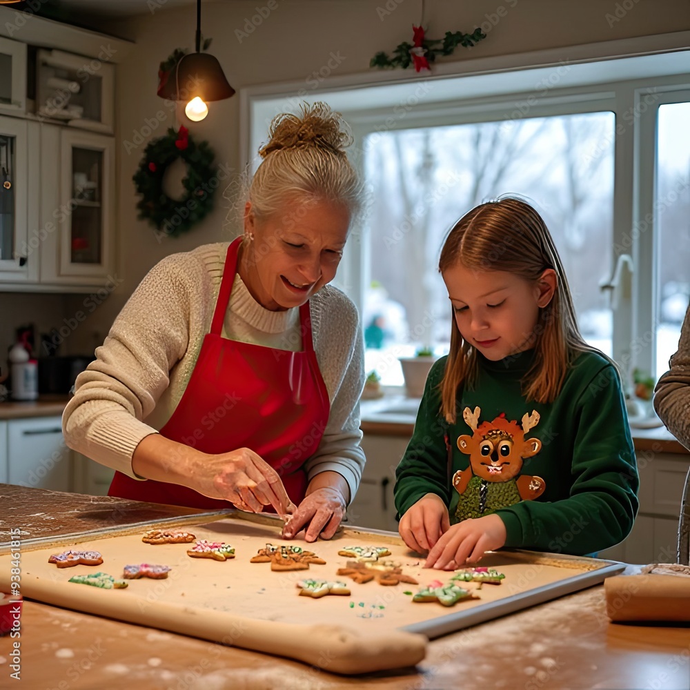 Grandmother and granddaughter decorating Christmas cookies