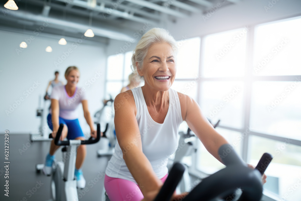 Smiling happy healthy fit slim senior woman with grey hair practising indoors sport with group of people on an exercise bike in gym.